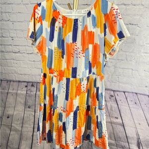 THML Bridgette Blue Orange Ruffle Sleeve Abstract Print Mini Dress Medium